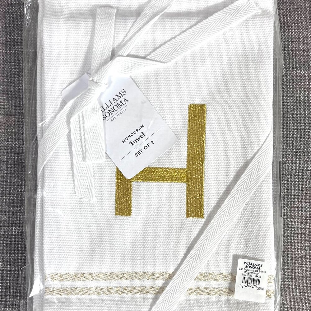 Williams Sonoma Gold Letter Monogrammed “H” Kitchen Towels Set/2 White NWT